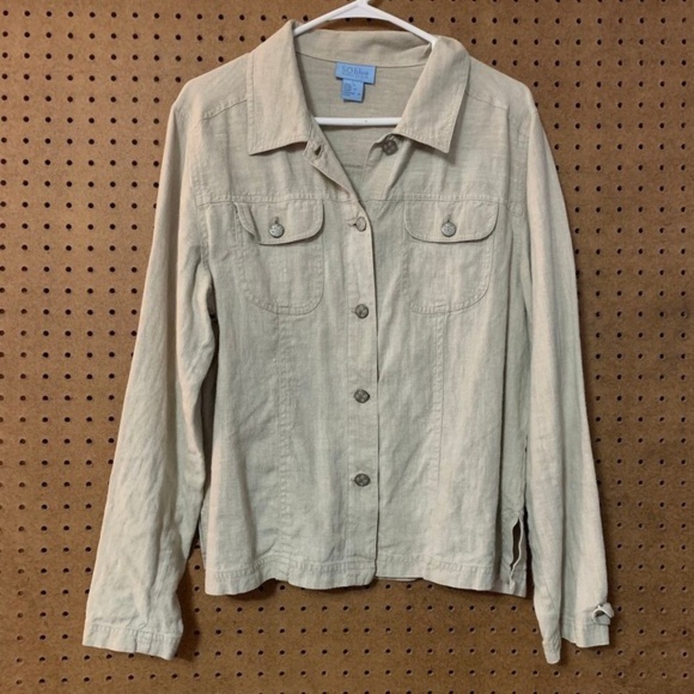 SO blue Sigrid Olsen Linen Blend Button Up Jacket‎ Beige Large Lagenlook Minimal